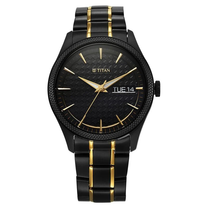Titan Regalia Opulent Quartz Analog with Day and Date Black Dial Two Toned Stainless Steel Strap Watch for Men 1805KM10 - KRISHNA WATCH COMPANY