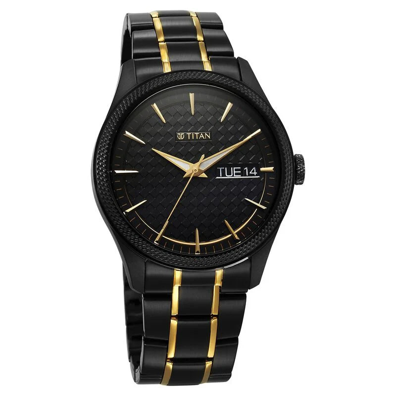Titan Regalia Opulent Quartz Analog with Day and Date Black Dial Two Toned Stainless Steel Strap Watch for Men 1805KM10 - KRISHNA WATCH COMPANY