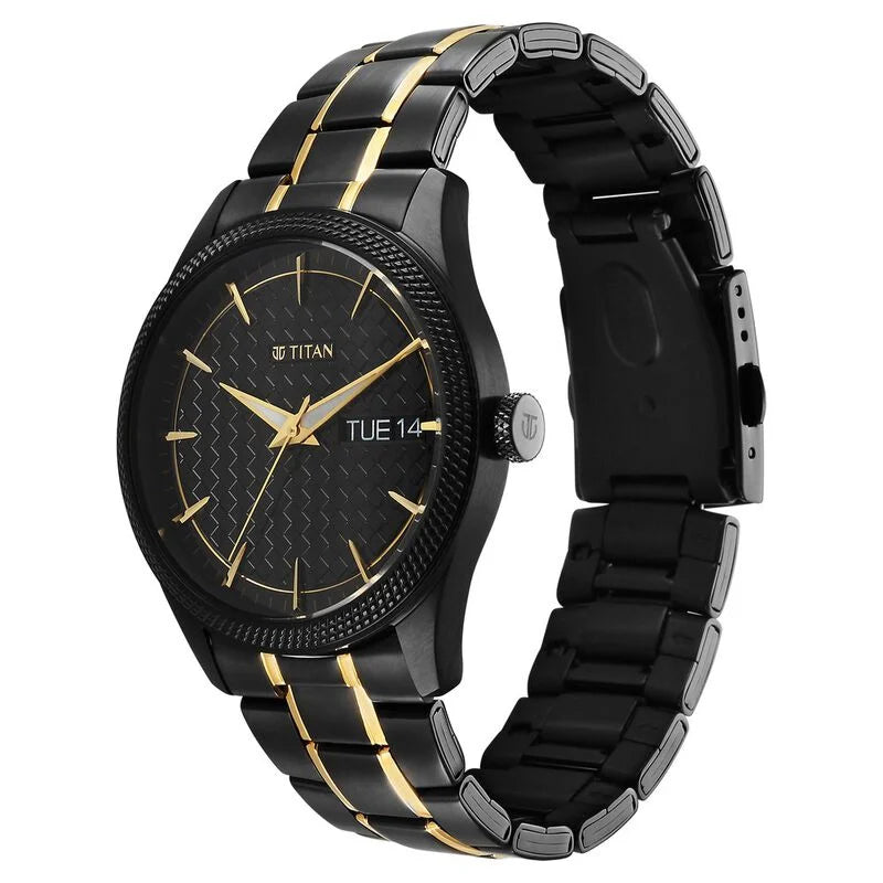 Titan Regalia Opulent Quartz Analog with Day and Date Black Dial Two Toned Stainless Steel Strap Watch for Men 1805KM10 - KRISHNA WATCH COMPANY