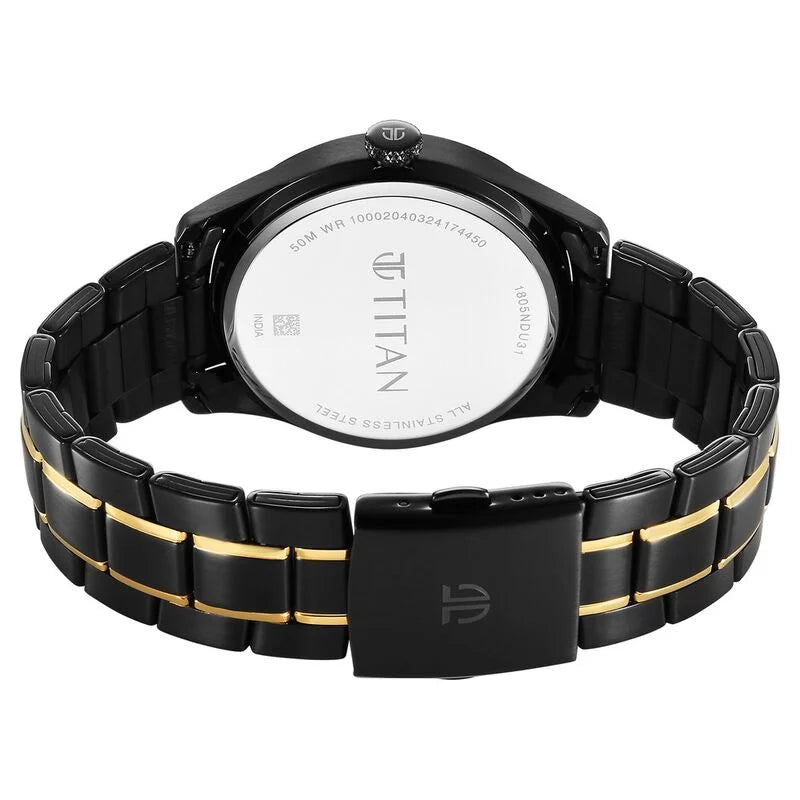 Titan Regalia Opulent Quartz Analog with Day and Date Black Dial Two Toned Stainless Steel Strap Watch for Men 1805KM10 - KRISHNA WATCH COMPANY
