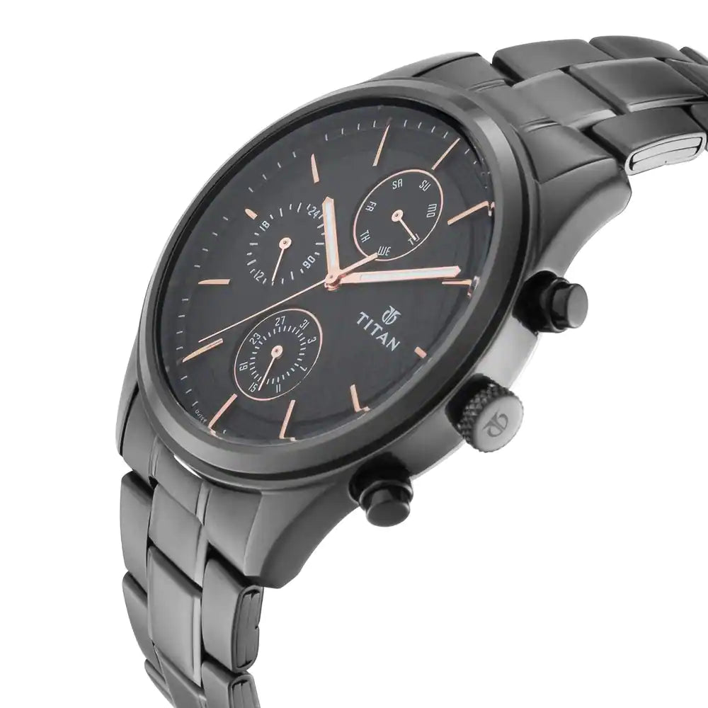 Titan Workwear Watch with Black Dial & Black Metal Strap - 1805NM01 - KRISHNA WATCH COMPANY