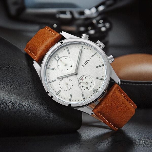 TITAN Workwear Watch with White Dial & Leather Strap - 1805SL04 - KRISHNA WATCH COMPANY