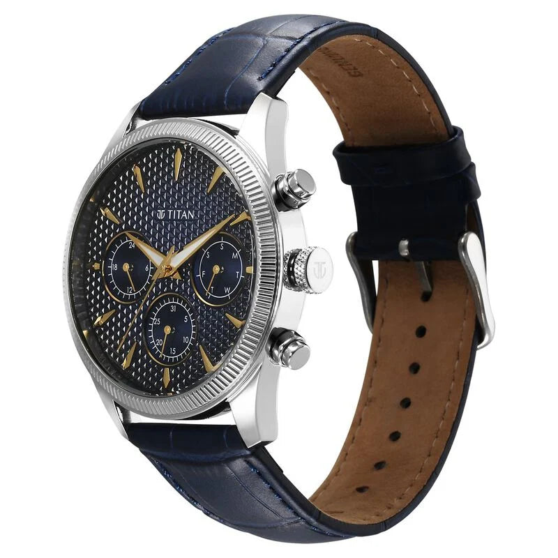 Titan Regalia Opulent Quartz Analog with Day and Date Blue Dial Blue Leather Strap Watch for Men 1805SL13 - KRISHNA WATCH COMPANY