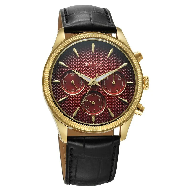 Titan Regalia Opulent Quartz Analog with Day and Date Red Dial Black Leather Strap Watch for Men 1805YL01 - KRISHNA WATCH COMPANY