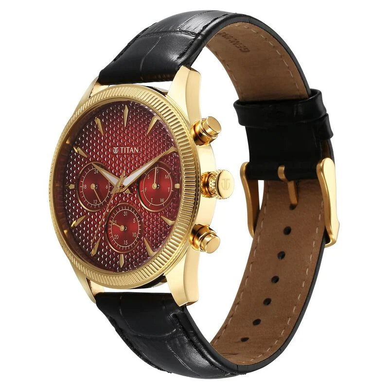 Titan Regalia Opulent Quartz Analog with Day and Date Red Dial Black Leather Strap Watch for Men 1805YL01 - KRISHNA WATCH COMPANY