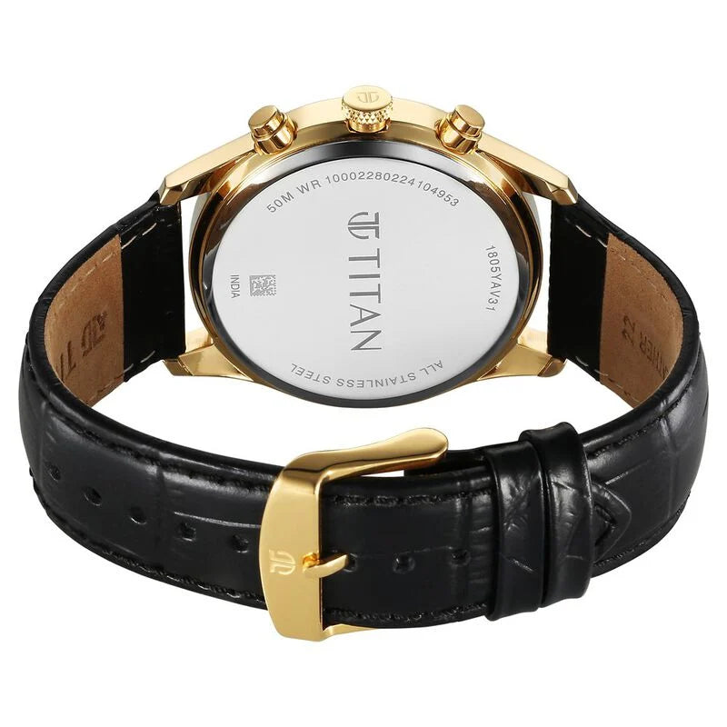 Titan Regalia Opulent Quartz Analog with Day and Date Red Dial Black Leather Strap Watch for Men 1805YL01 - KRISHNA WATCH COMPANY