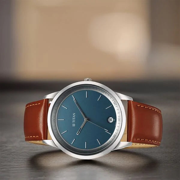 Titan Wrist Wit Quartz Analog with Date Blue Dial Leather Strap Watch for Men 1806SL12 - KRISHNA WATCH COMPANY