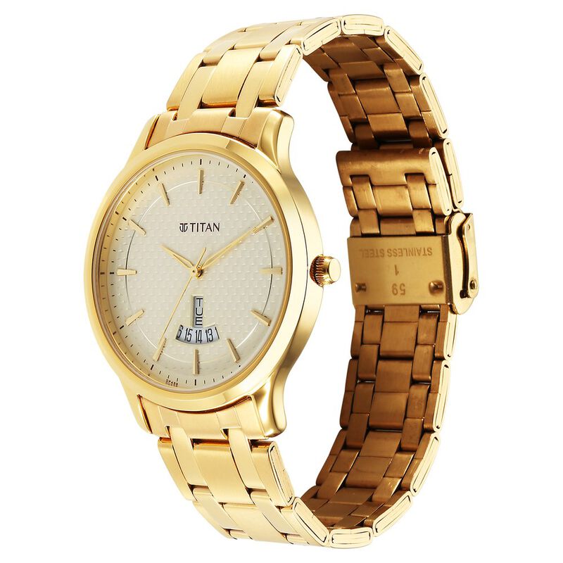 Titan Karishma Quartz Analog Champagne Dial Stainless Steel Strap Watch for Men 1825YM12 - KRISHNA WATCH COMPANY