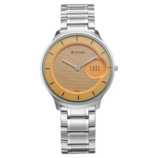 Titan Edge Murals Quartz Analog Yellow Dial Stainless Steel Strap Watch For Men 1843sm05