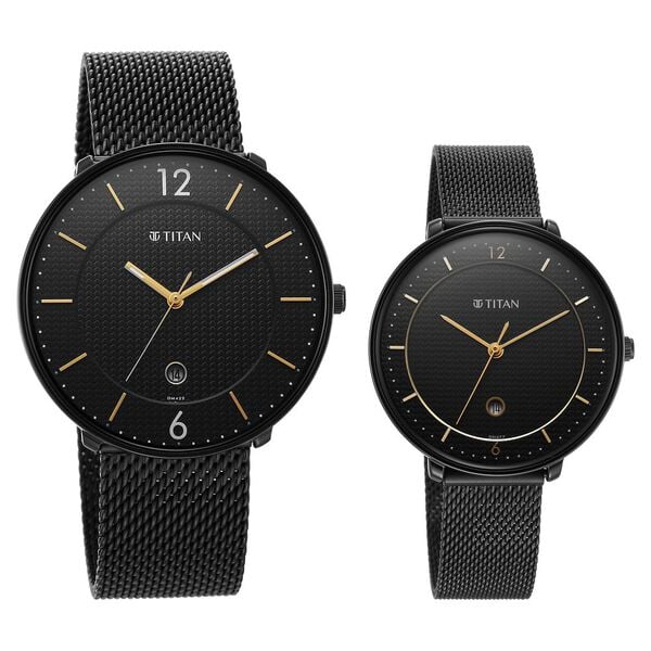 Titan Bandhan Black Dial Analog with Date Stainless Steel Strap watch for Couple / 18492651nm01p - KRISHNA WATCH COMPANY