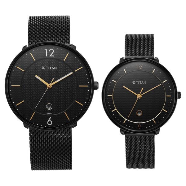 Titan Bandhan Black Dial Analog with Date Stainless Steel Strap watch for Couple / 18492651nm01p - KRISHNA WATCH COMPANY