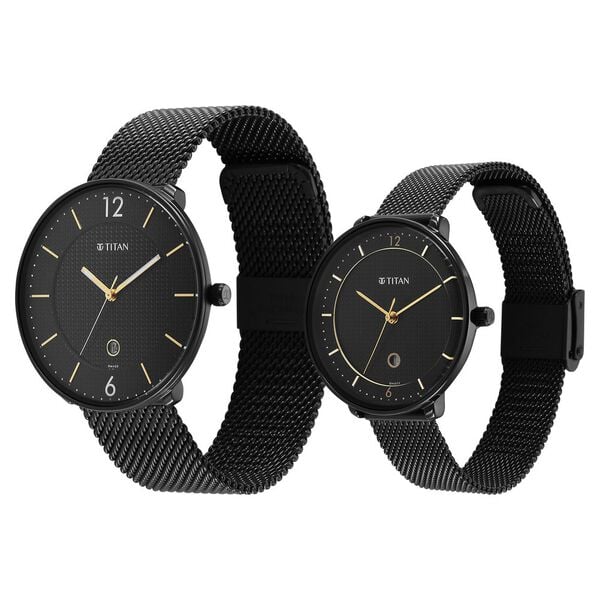 Titan Bandhan Black Dial Analog with Date Stainless Steel Strap watch for Couple / 18492651nm01p - KRISHNA WATCH COMPANY