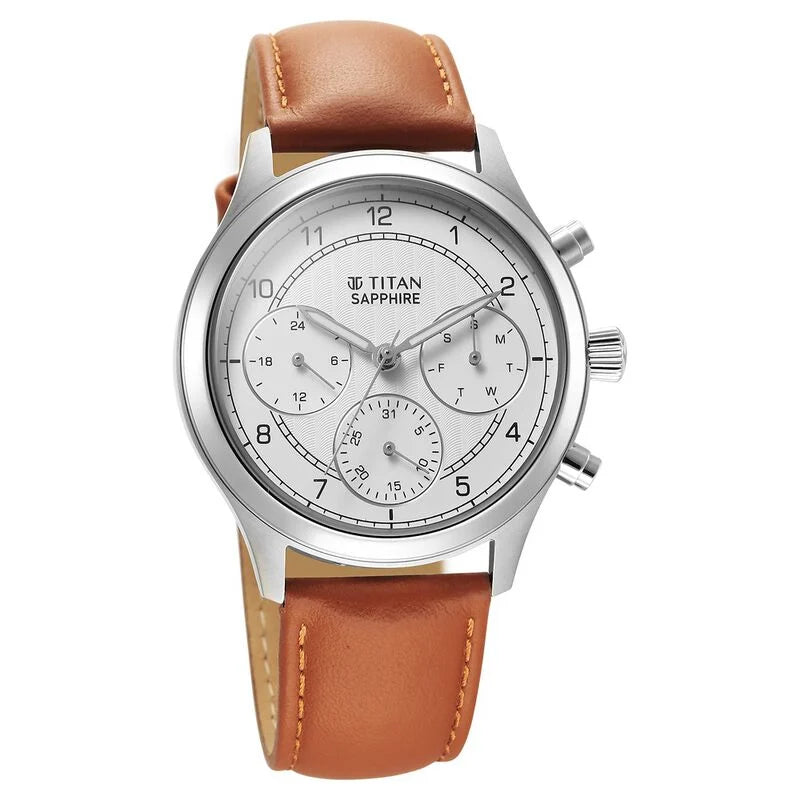 Titan Sapphire Quartz Multifunction White Dial Leather Strap Watch for Men 1874SL05 - KRISHNA WATCH COMPANY