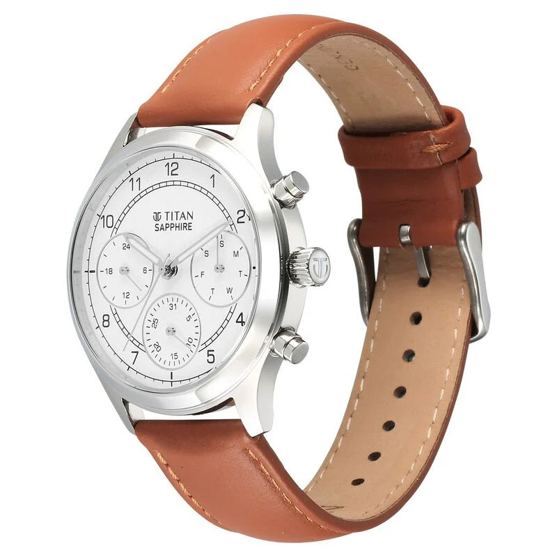 Titan Sapphire Quartz Multifunction White Dial Leather Strap Watch for Men 1874SL05 - KRISHNA WATCH COMPANY