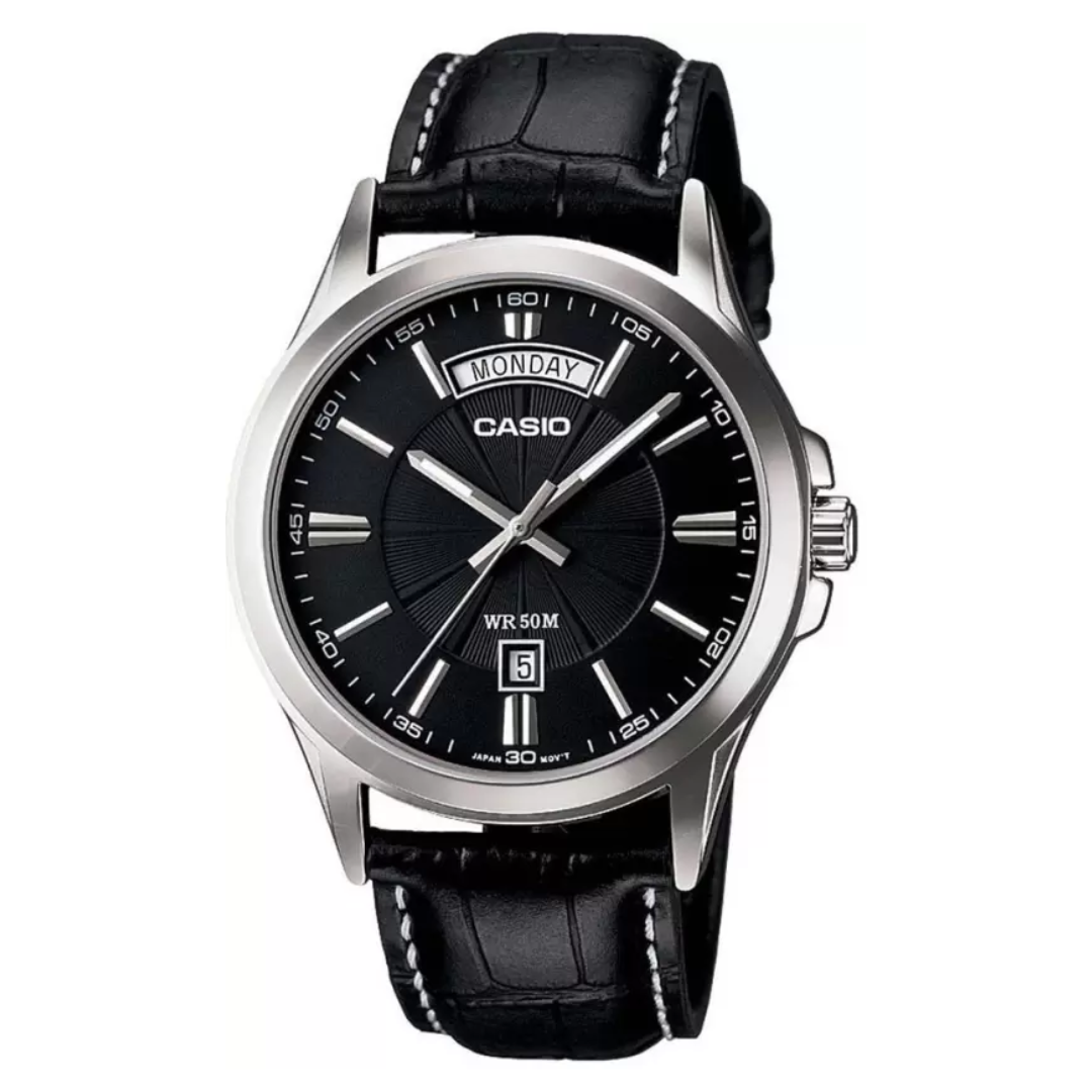 Black Leather - Men's Watch ENTICER MTP-1381L-1AVDF (A844) - KRISHNA WATCH COMPANY