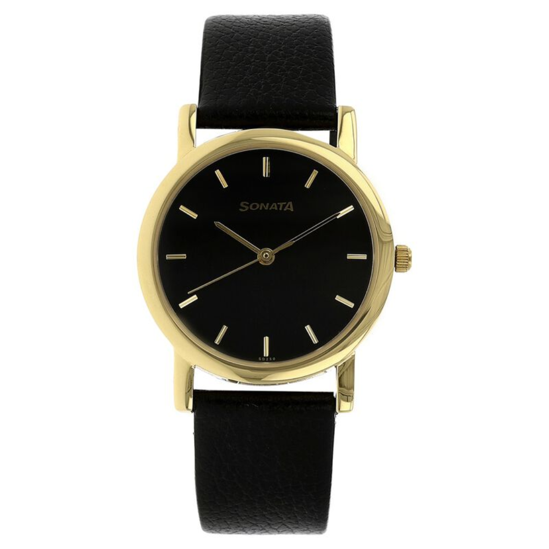 Black Dial Golden Leather Strap Watch NR7987YL03W Krishna Watch