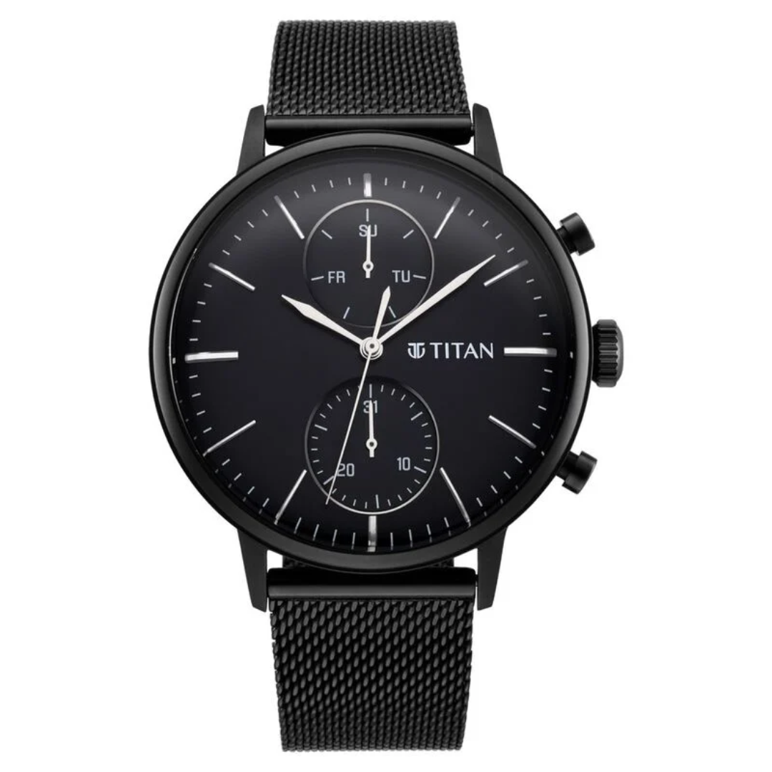 Titan Light Leathers Black Dial Quartz Multifunction Stainless Steel Strap Watch for Men 90135NM01 - KRISHNA WATCH COMPANY