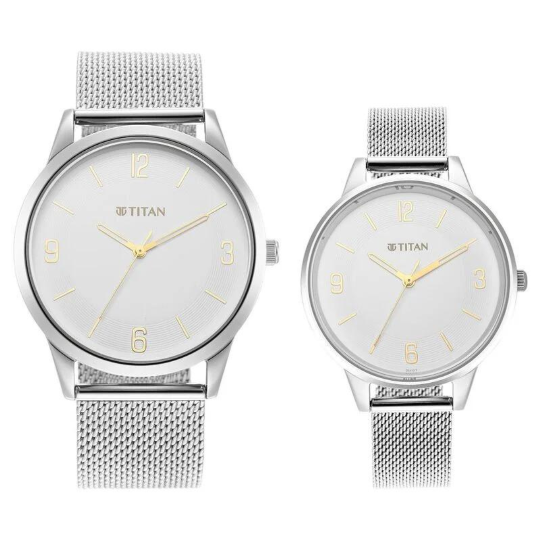 Titan Quartz Analog White Dial Stainless Steel Strap Watch for Couple - 18062648SM01 - KRISHNA WATCH COMPANY