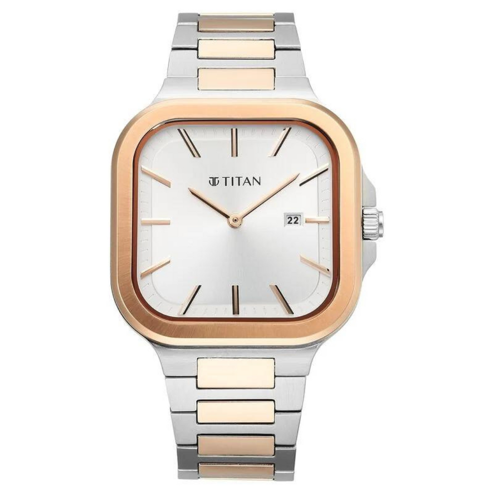 Titan Classique Slim Square Quartz Analog with Date Silver Dial Stainless Steel Strap Watch for Men 90176KM01 - KRISHNA WATCH COMPANY