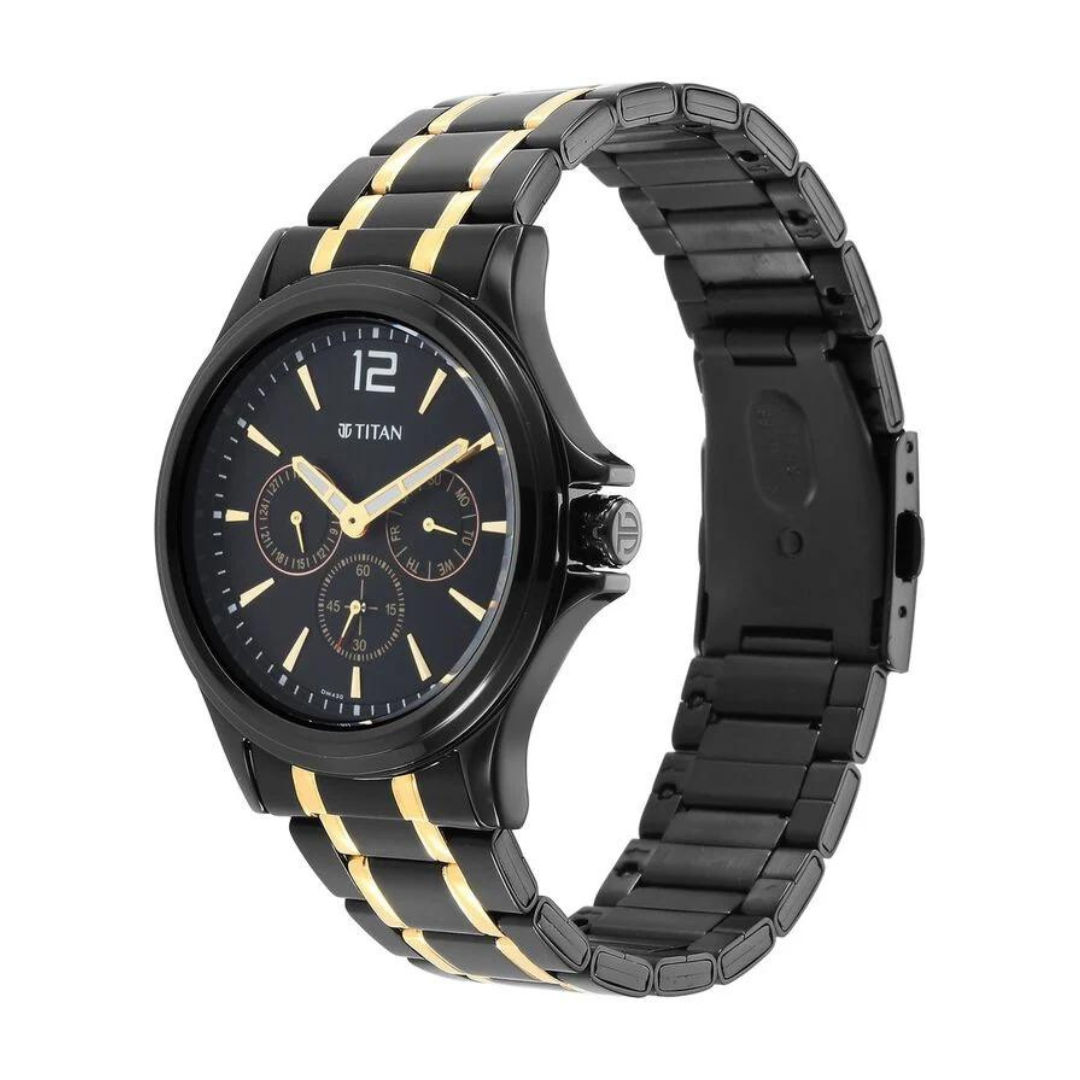 Titan Black & Gold Black Dial Stainless Steel Strap Watch - 1698KM02 - KRISHNA WATCH COMPANY