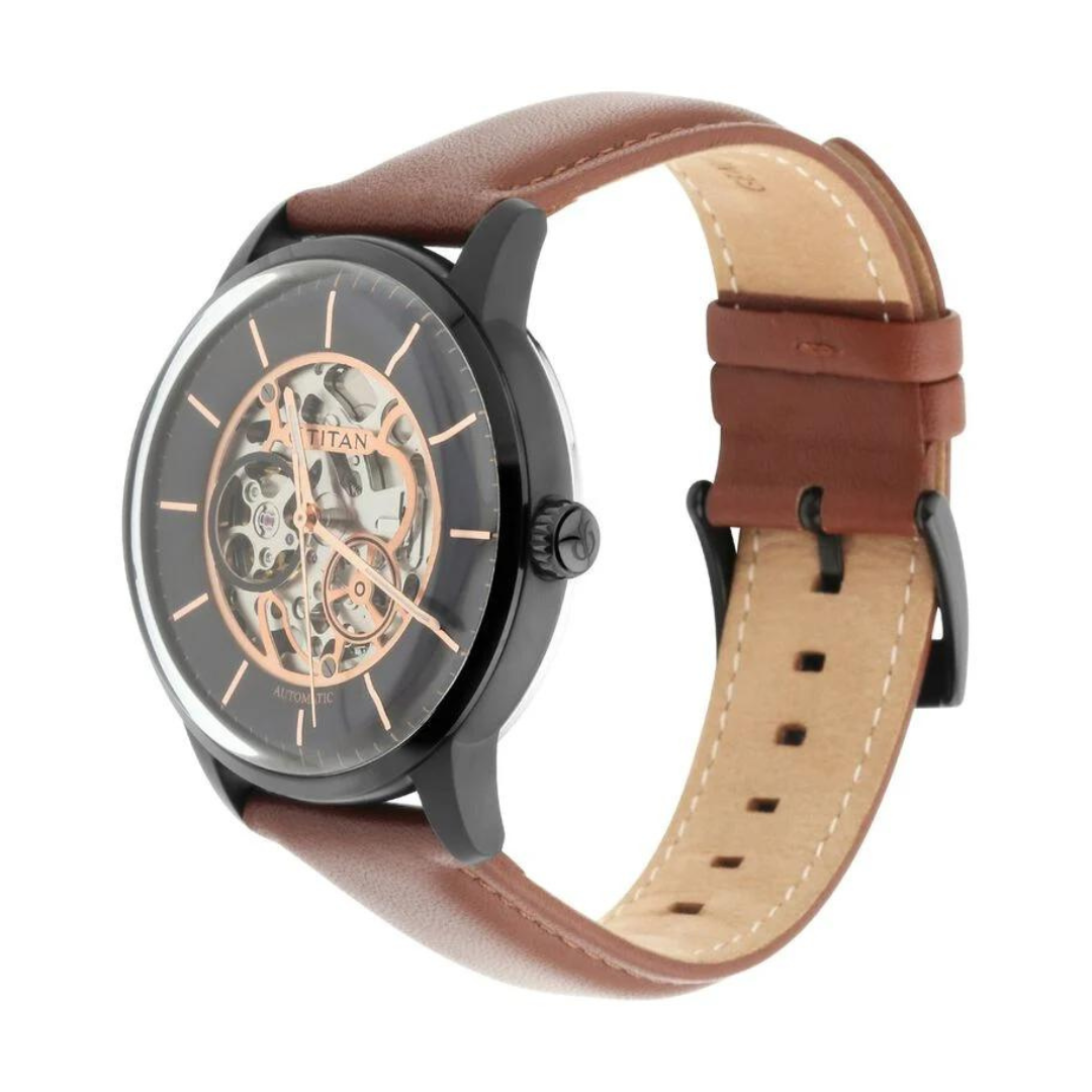 Titan Automatic Watch with Black Dial & Tan Strap 90110NL01 - KRISHNA WATCH COMPANY