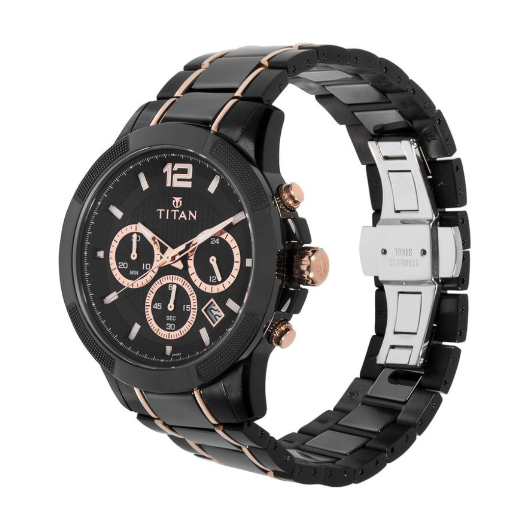 Titan Black Dial Chronograph Watch with Steel & Ceramic Strap 90090KD02 - KRISHNA WATCH COMPANY