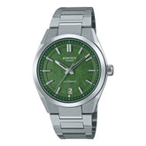 Casio Edifice watch with green dial and silver metal strap on a white background