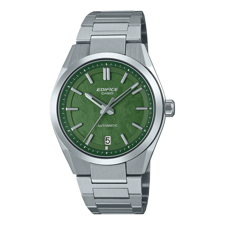 Casio Edifice watch with green dial and silver metal strap on a white background