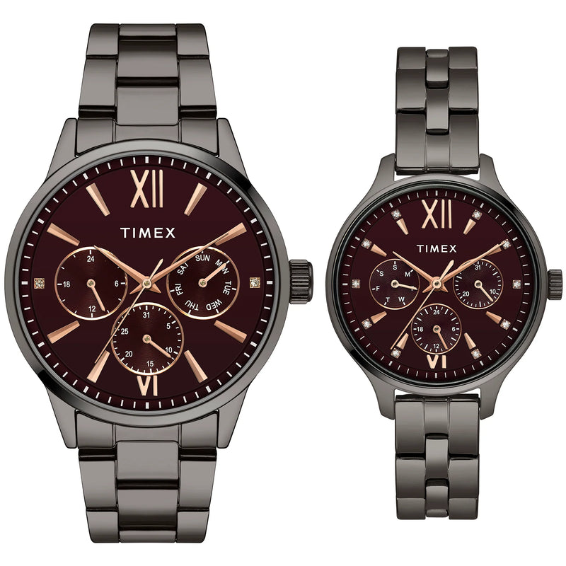 Timex Unisex Burgundy Round Dial Analog Pair Watches - TW00PR314