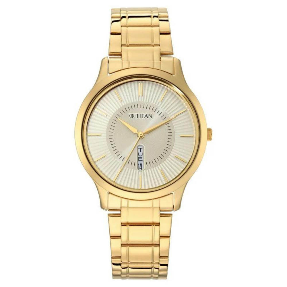 Titan Quartz Analog with Day and Date Yellow Dial Watch for Men - 1845YM01 - KRISHNA WATCH COMPANY
