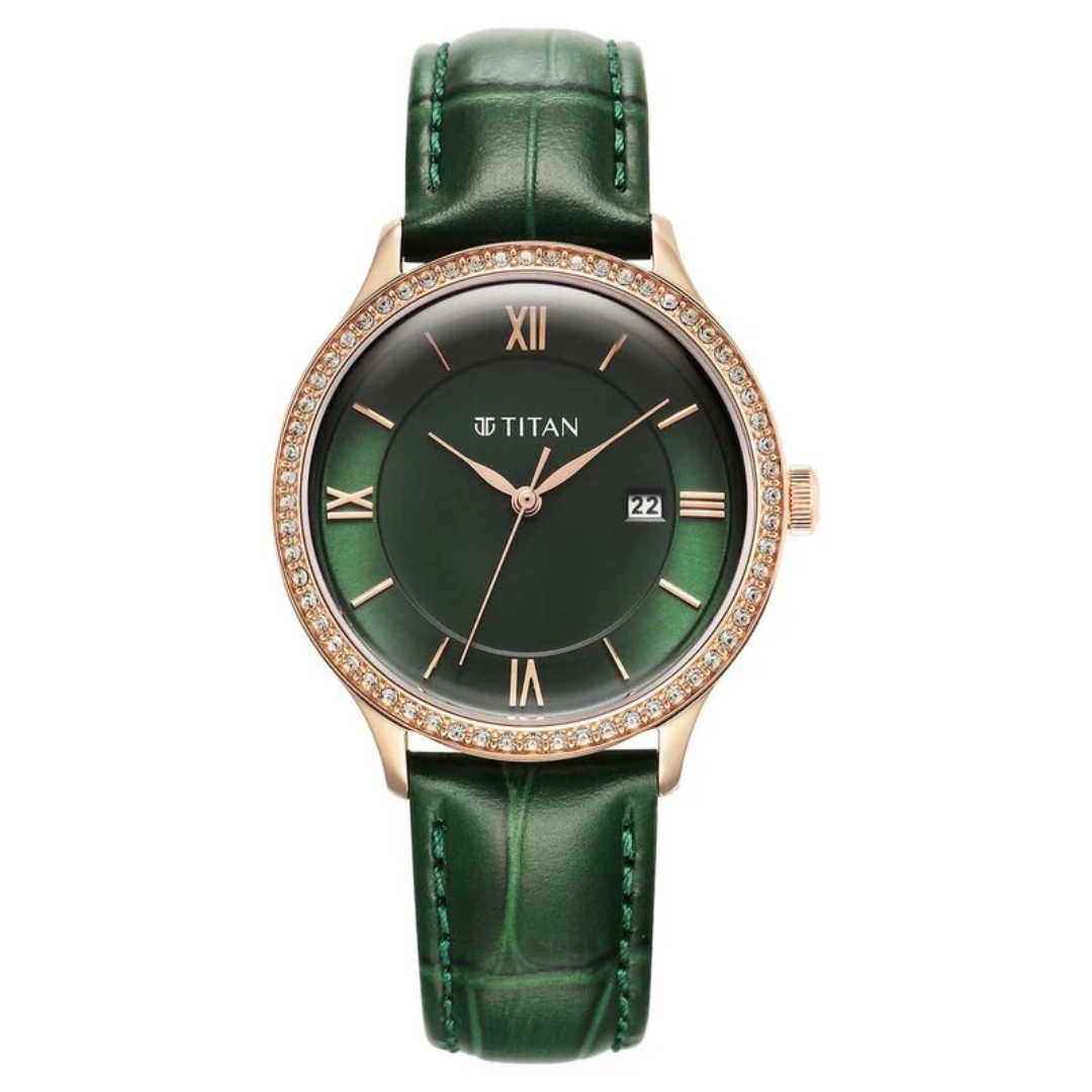 Titan Bright Leathers Green Dial Analog with Date Leather Strap Watch for Women 95247WL02 / NS95247WL02 - KRISHNA WATCH COMPANY