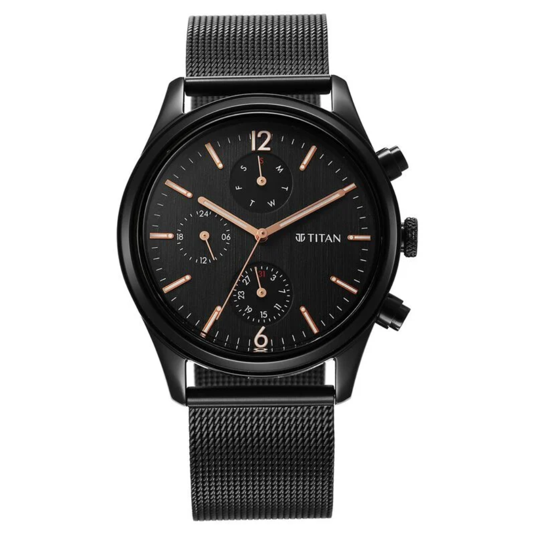 Titan Neo Black Gold Quartz Analog with Day and Date Black Dial Stainless Steel Strap Watch for Men 1805NM05