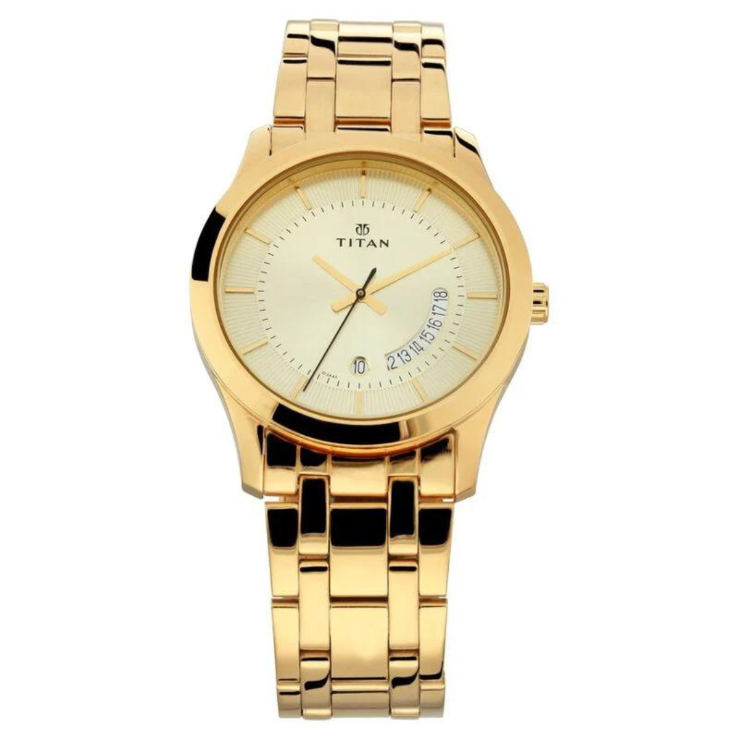 Titan Quartz Analog with Date Champagne Dial Stainless Steel Strap Watch for Men 1823YM01 - KRISHNA WATCH COMPANY