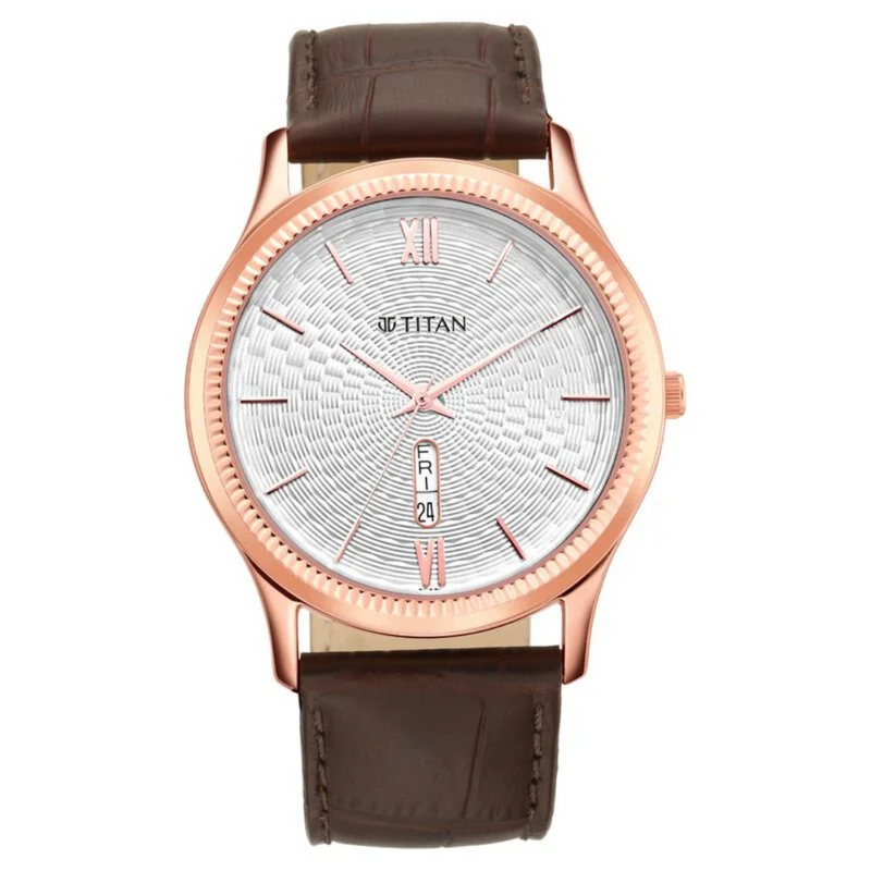 Titan Analog with Day and Date White Dial Leather Strap watch for Men - 1824WL02