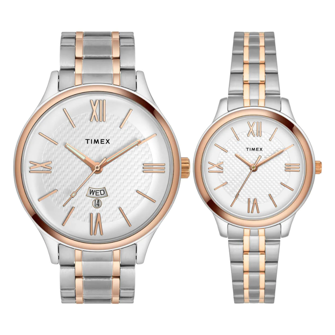 Timex Empera Pairs Silver Dial Round Case Day-Date + 3 Hands Function Watch TIMEX PAIR L+G TW00PR285 - KRISHNA WATCH COMPANY
