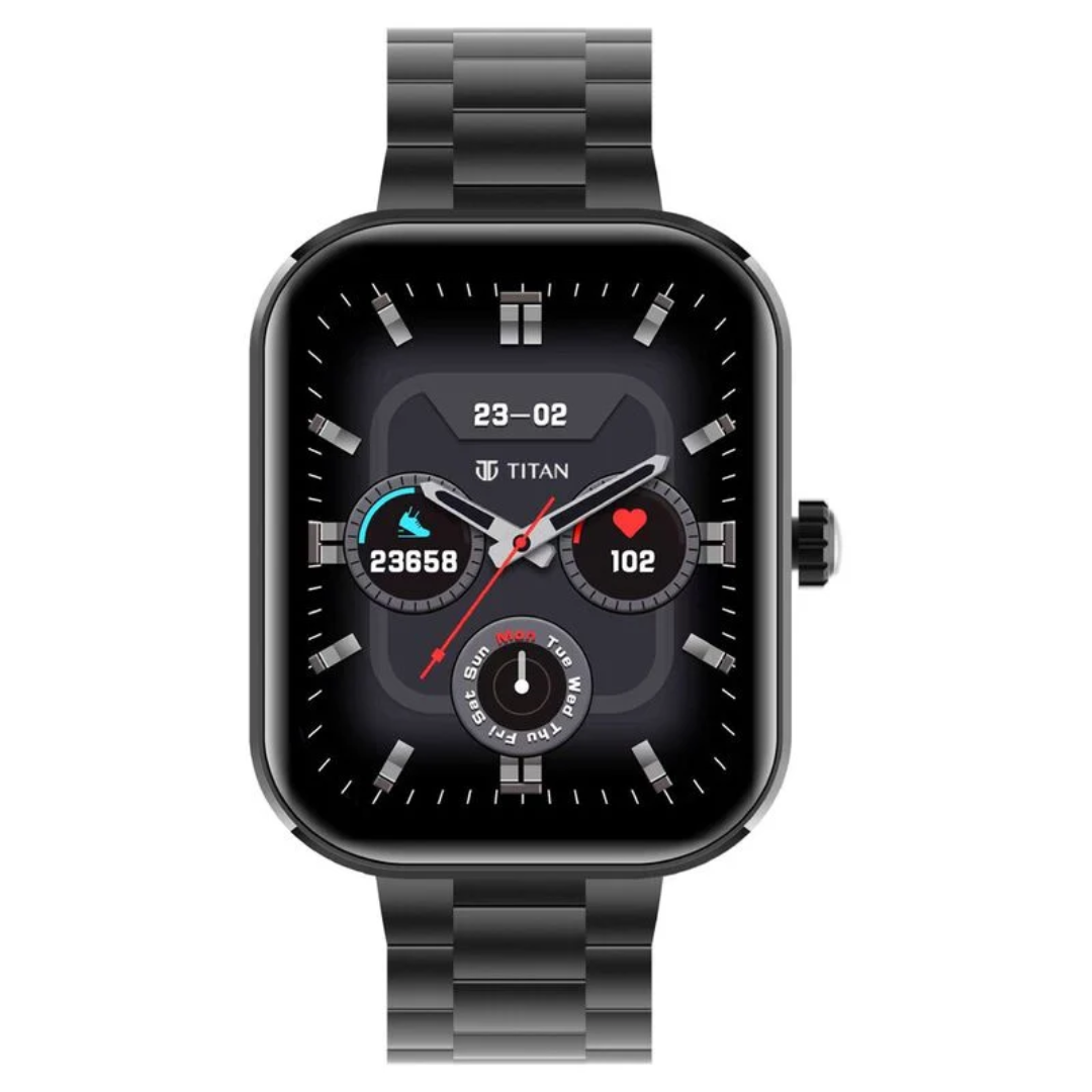Titan Mirage with 4.97 cm AMOLED Display and AOD, Functional Crown, BT Calling Smartwatch with Black Metal Strap 90184AM01 - KRISHNA WATCH COMPANY