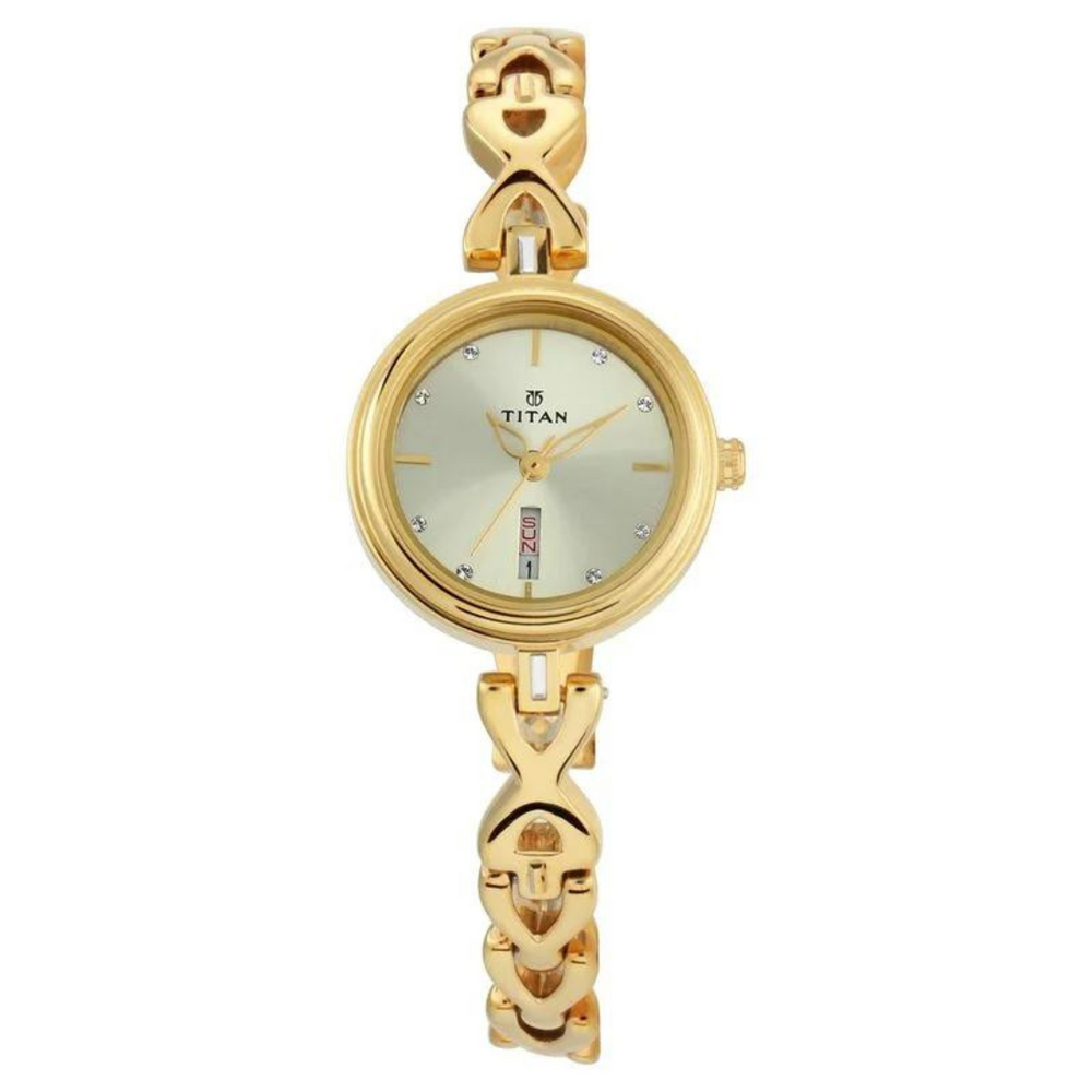 Titan Quartz Analog with Day and Date Champagne Dial Metal Strap Watch for Women 2601YM03 - KRISHNA WATCH COMPANY