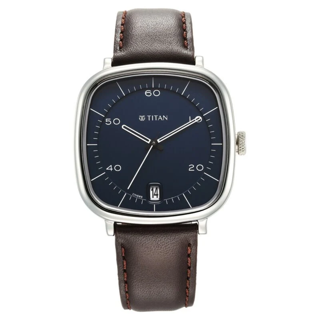 Titan Neo Curve Quartz Analog with Date With Date Blue Dial Brown Leather Strap Watch for Men 1885SL03 - KRISHNA WATCH COMPANY
