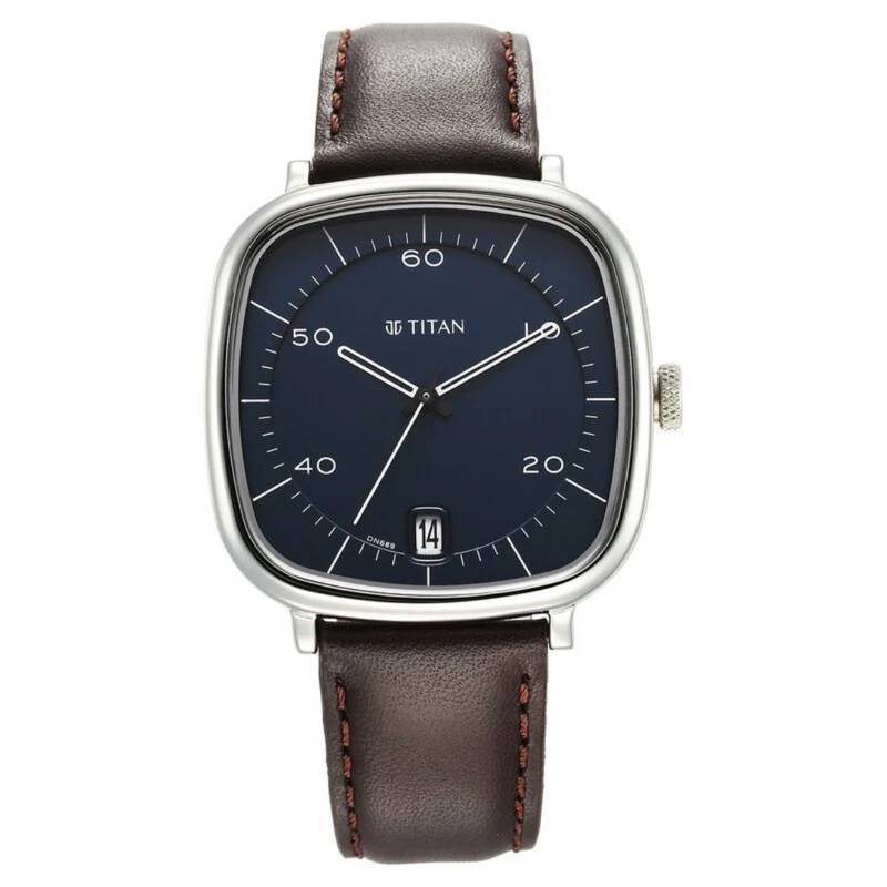 Titan Neo Curve Quartz Analog with Date With Date Blue Dial Brown Leather Strap Watch for Men 1885SL03