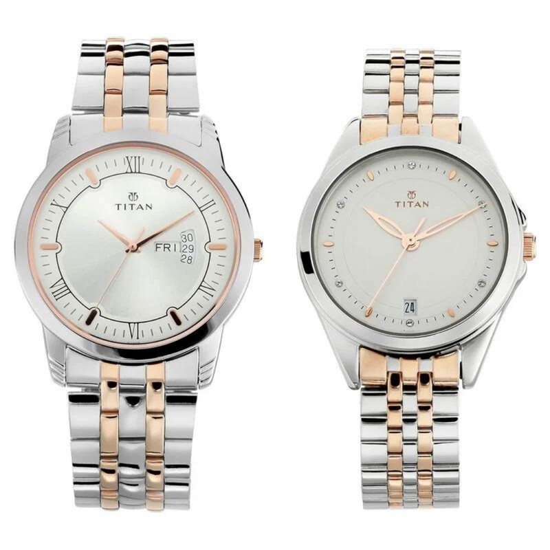 Titan Bandhan Quartz Analog with Day and Date Silver Dial Stainless Steel Strap Watch for Couple 17742565KM01
