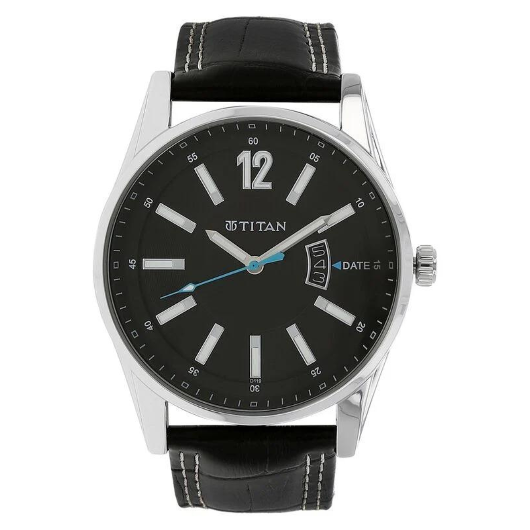 Titan Black Dial Black Leather Strap Watch NK9322SL04 (D119) - KRISHNA WATCH COMPANY