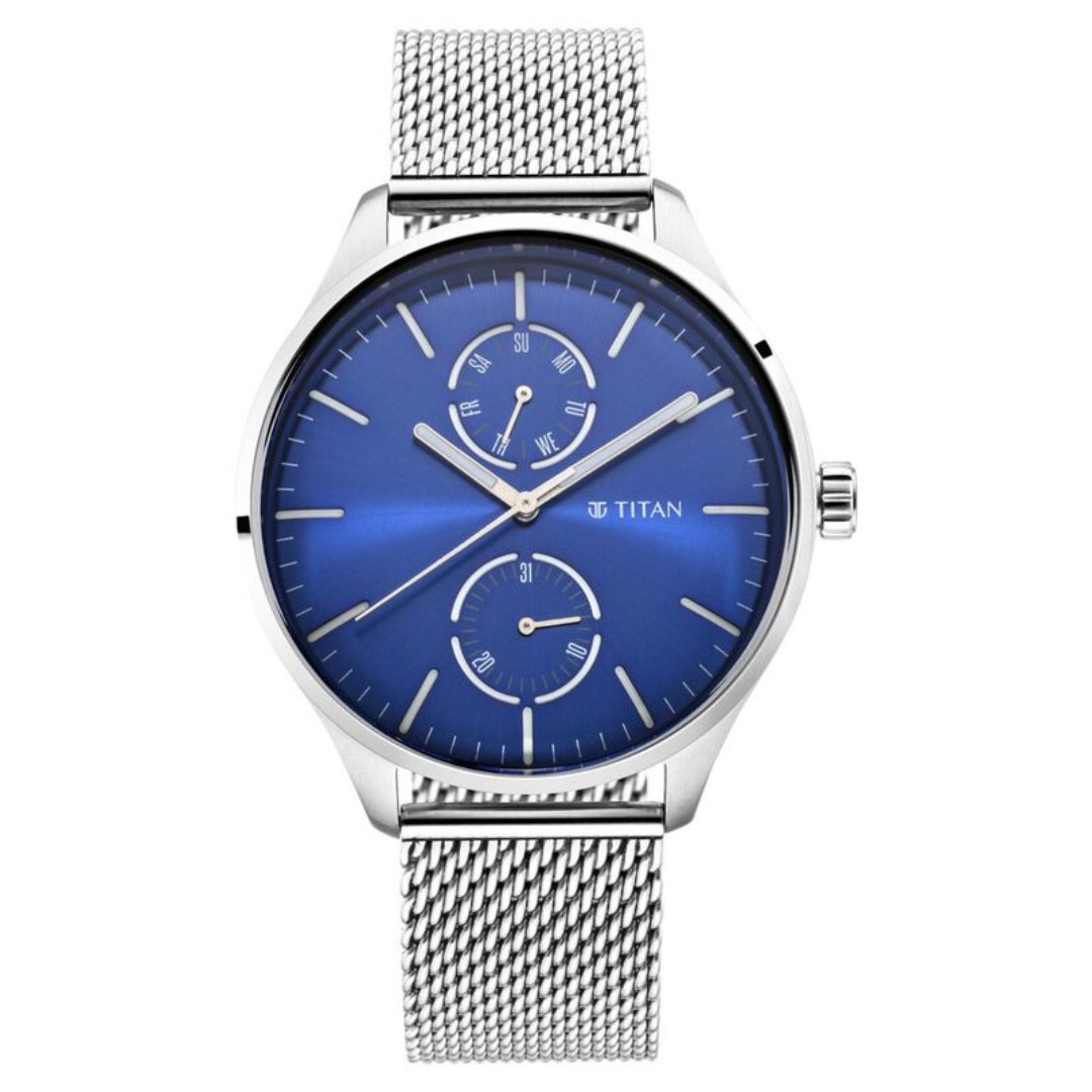 Titan Evoke Blue Dial Analog with Day and Date Watch for Men - 1833SM01 - KRISHNA WATCH COMPANY