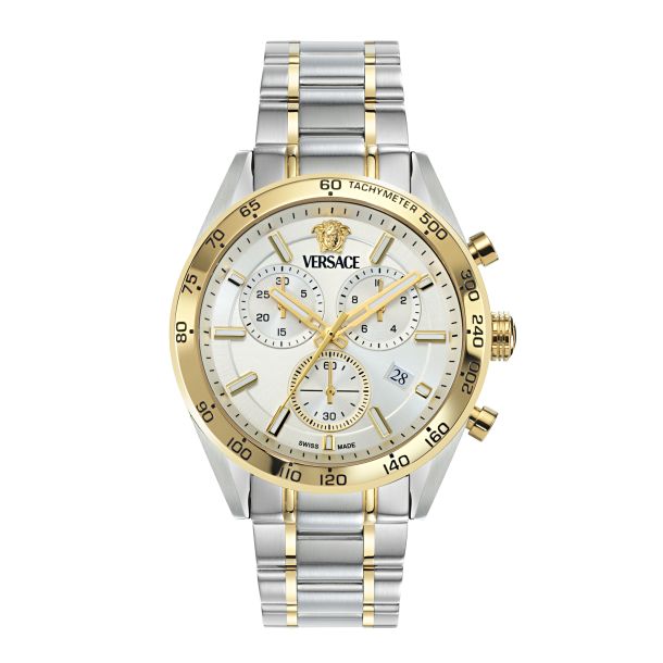 Versace V-Code Chrono Silver Dial Two-Tone Stainless Steel Bracelet Watch 41mm - VE0CA0224 - KRISHNA WATCH COMPANY