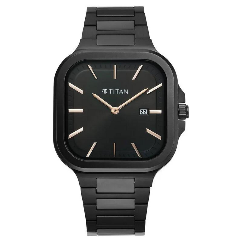Titan Classique Slim Square Quartz Analog with Date Black Dial Stainless Steel Strap Watch for Men 90176NM01 - KRISHNA WATCH COMPANY