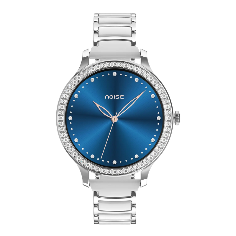 Noise Diva Araya Smartwatch for Women with AMOLED Display (850 Nits), 60 Precision-Set Crystals, Cycle Tracking, Skin Temperature, SOS with Live Location, 100+ Watch Faces - Frost Silver Ceramic