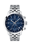 A TISSOT PRC 200 chronograph watch for men with a blue dial, a silver stainless steel bracelet, and a tachymeter function.