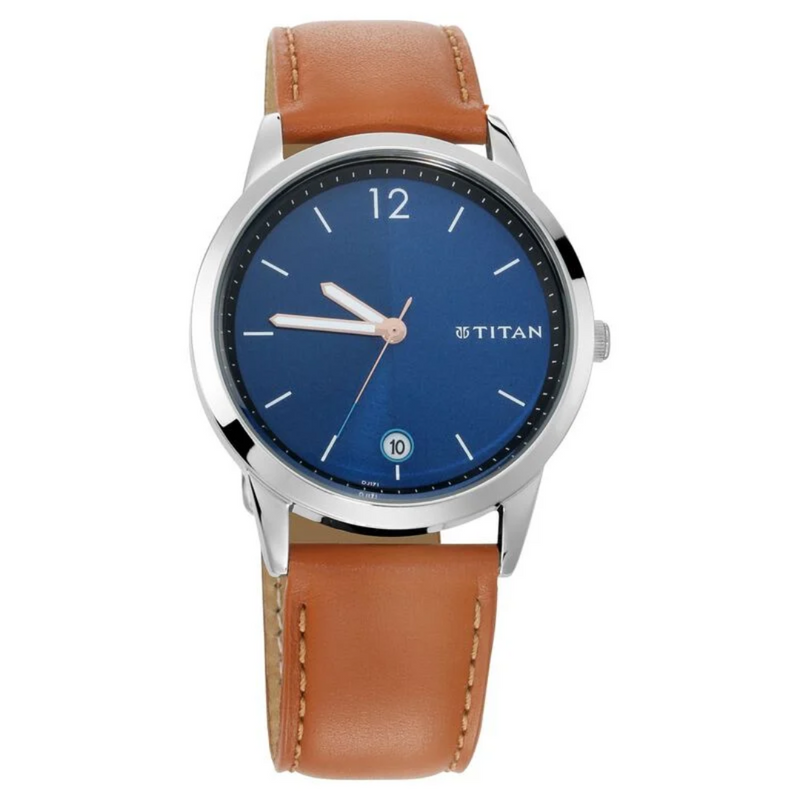 Titan Workwear Blue Dial Analog with Date Leather Strap watch for Men 1806SL02