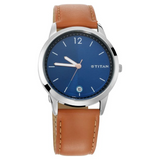Titan Workwear Blue Dial Analog with Date Leather Strap watch for Men 1806SL02