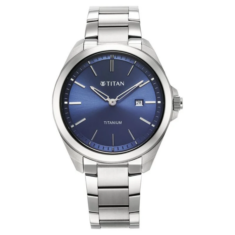Titan Titanium Quartz Analog Blue Dial Stainless Steel Strap Watch for Men 90177TM01 - KRISHNA WATCH COMPANY