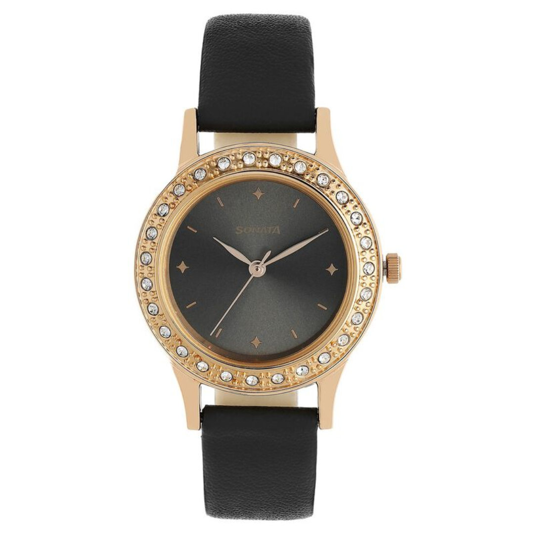 Sonata Blush Anthracite Dial Women Watch With Leather Strap 8123WL01 - KRISHNA WATCH COMPANY